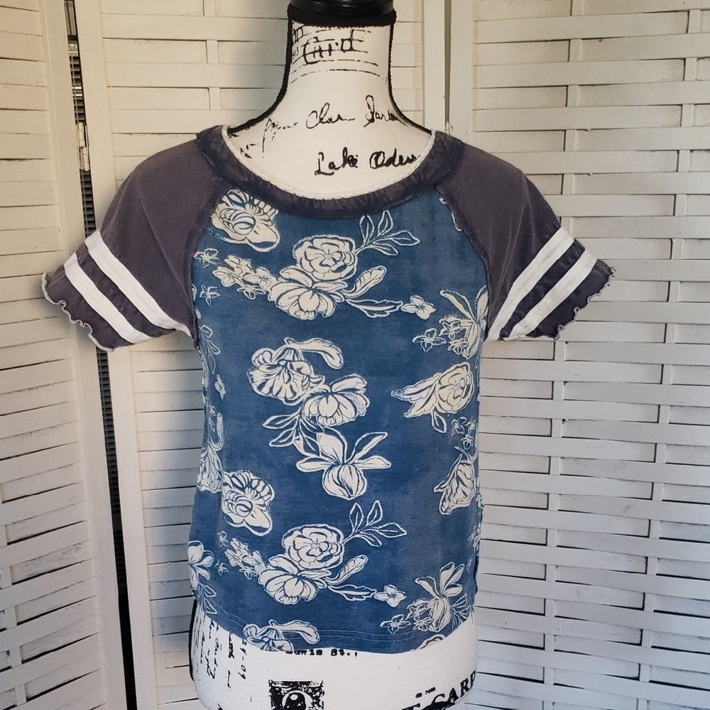 We The Free Blue Floral Raglan Short Sleeve Tee with Gray Sleeves